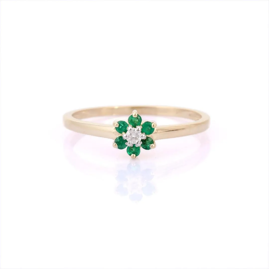 14K Gold Emerald & Diamond Flower Ring