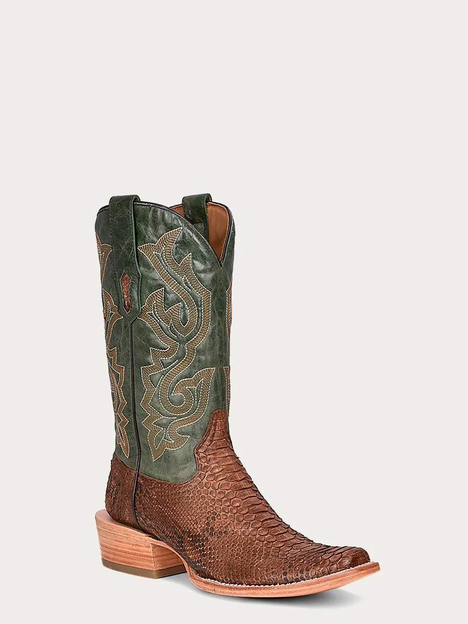 A4287 - MEN'S EMBROIDERY GENUINE BROWN PYTHON VAMP WIDE SQUARE TOE GREEN COWBOY BOOT