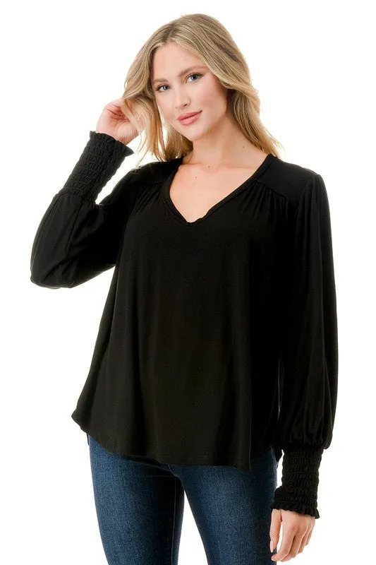 Ariella Smocking Cuff Oversized V-Neck Top