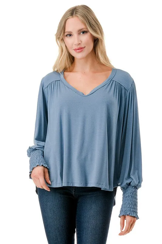 Ariella Smocking Cuff Oversized V-Neck Top