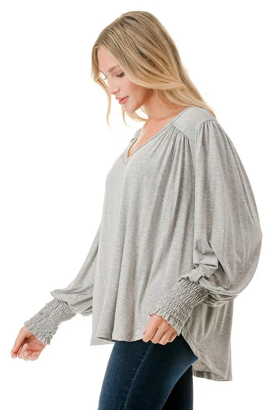 Ariella Smocking Cuff Oversized V-Neck Top