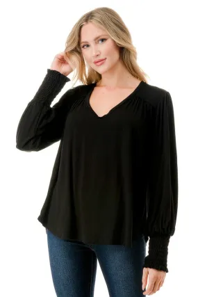 Ariella Smocking Cuff Oversized V-Neck Top