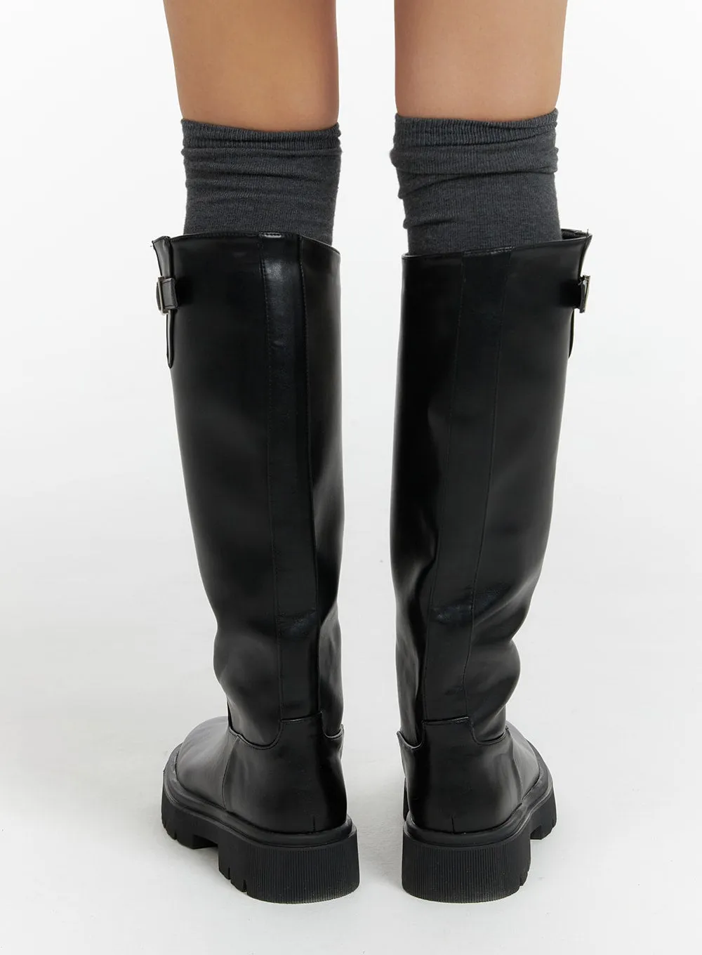 Basic Faux Leather Buckle Knee-High Boots CF416