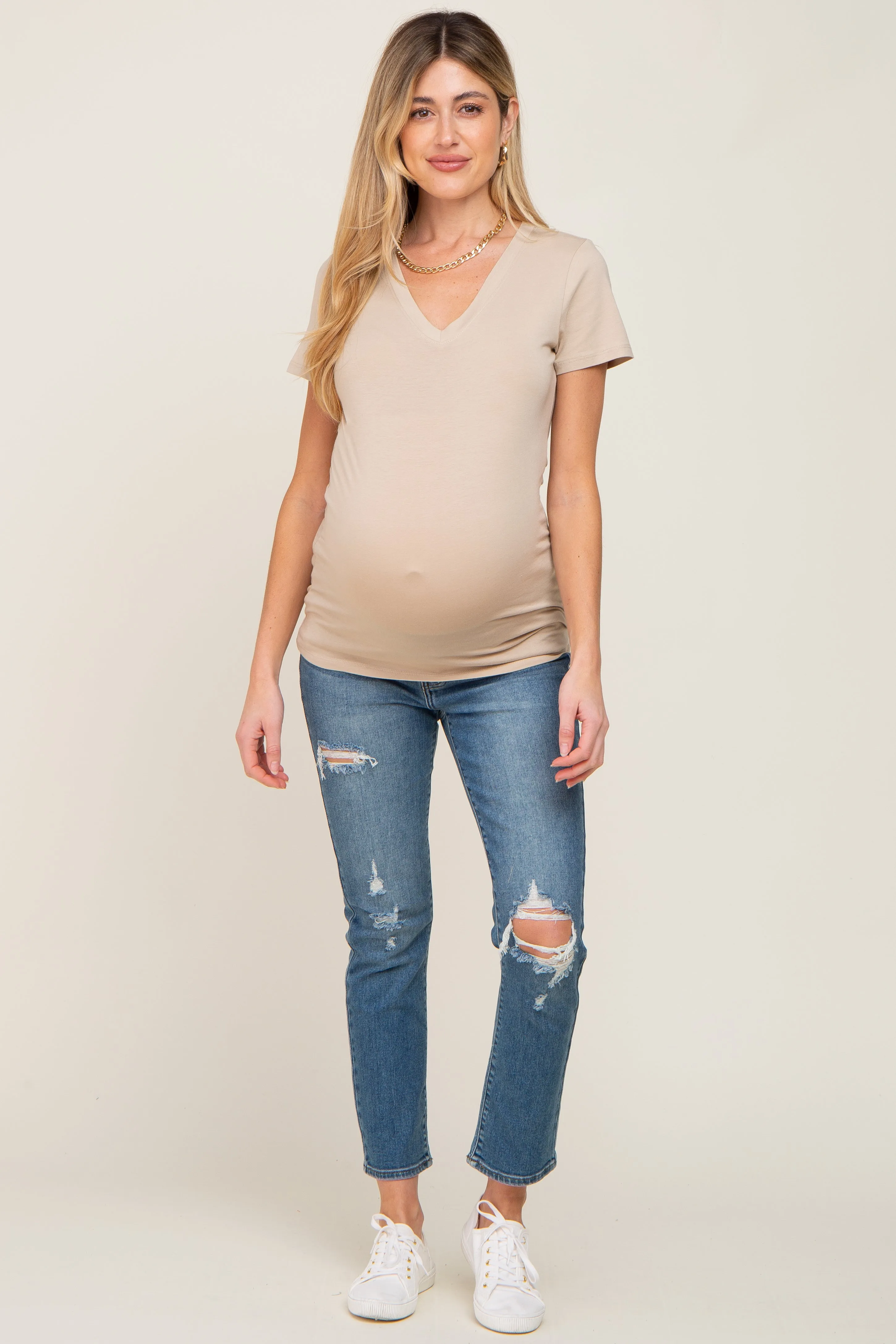 Beige Basic V-Neck Maternity Tee