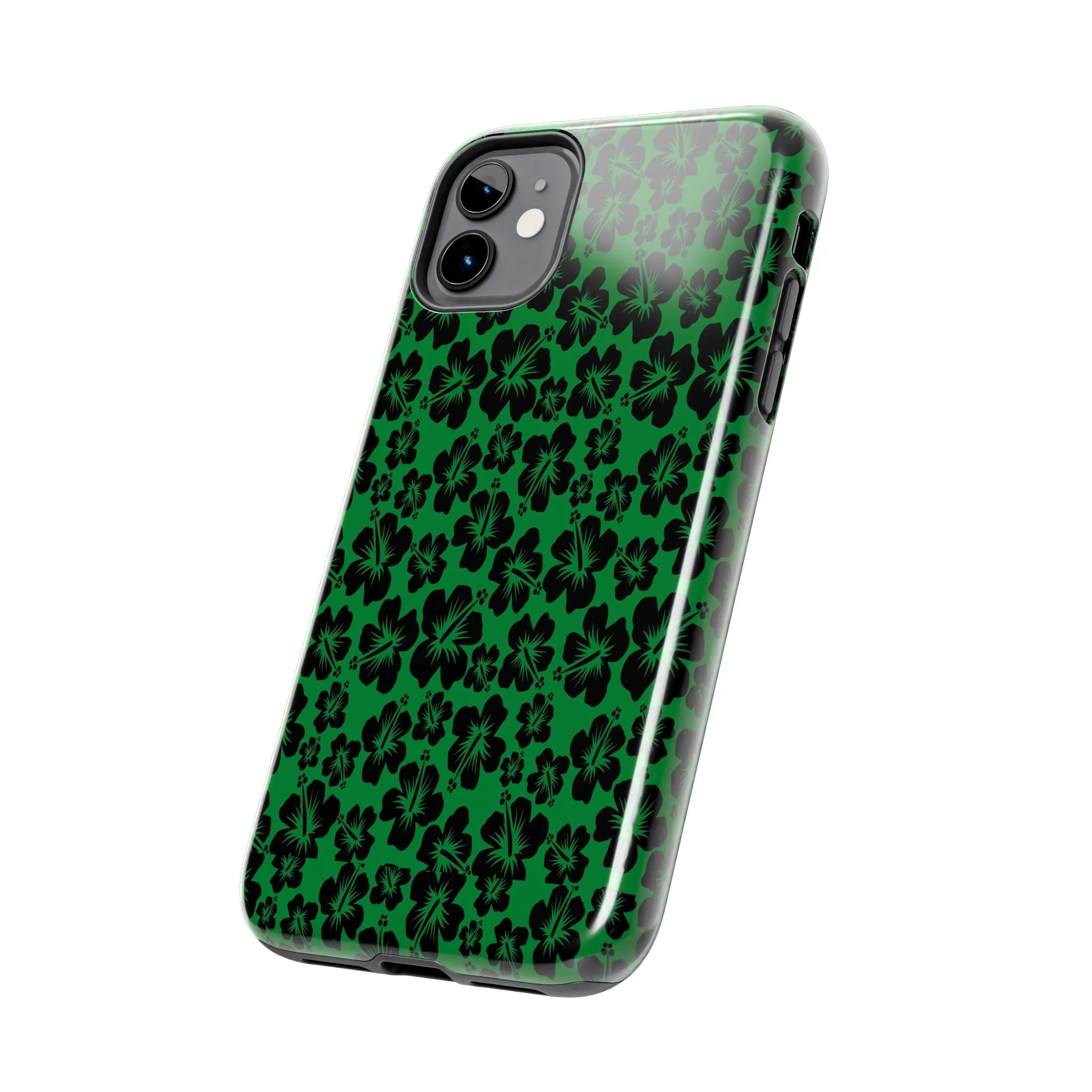 Black Hibiscus on Green iPhone Tough Phone Cases