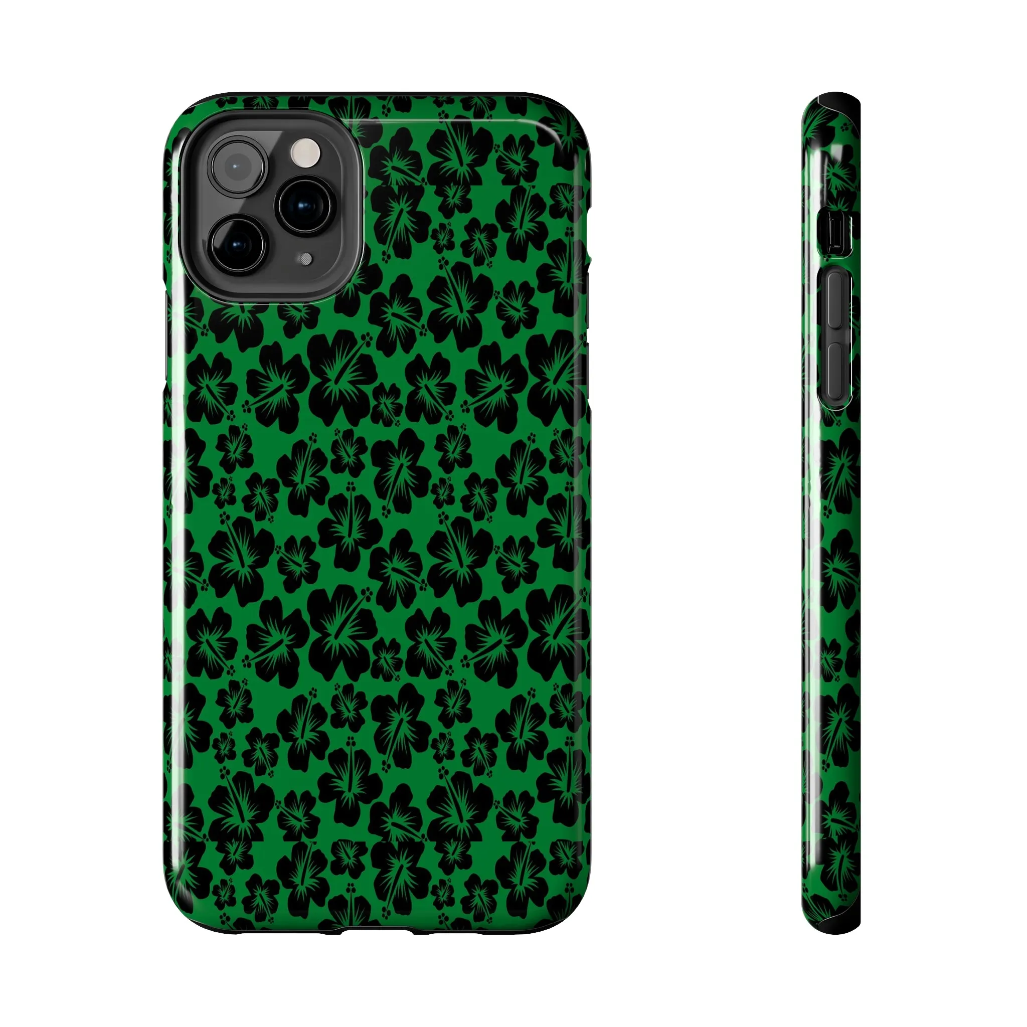 Black Hibiscus on Green iPhone Tough Phone Cases