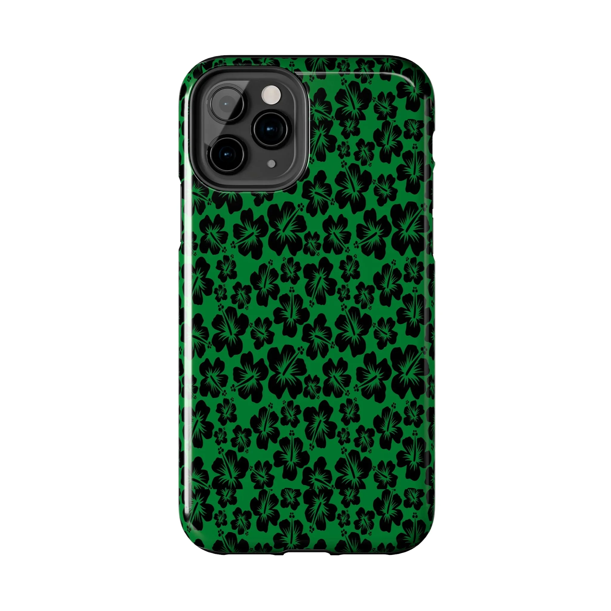 Black Hibiscus on Green iPhone Tough Phone Cases