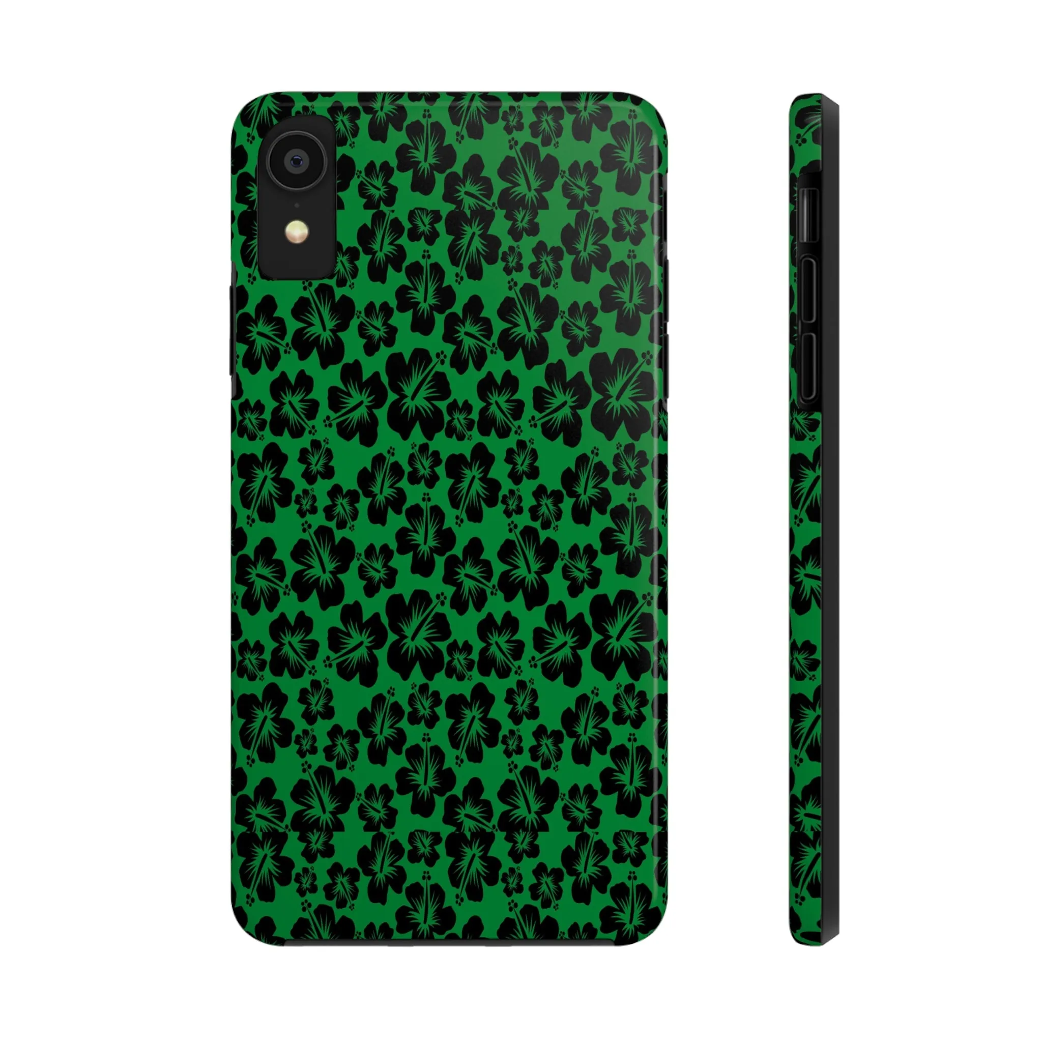 Black Hibiscus on Green iPhone Tough Phone Cases