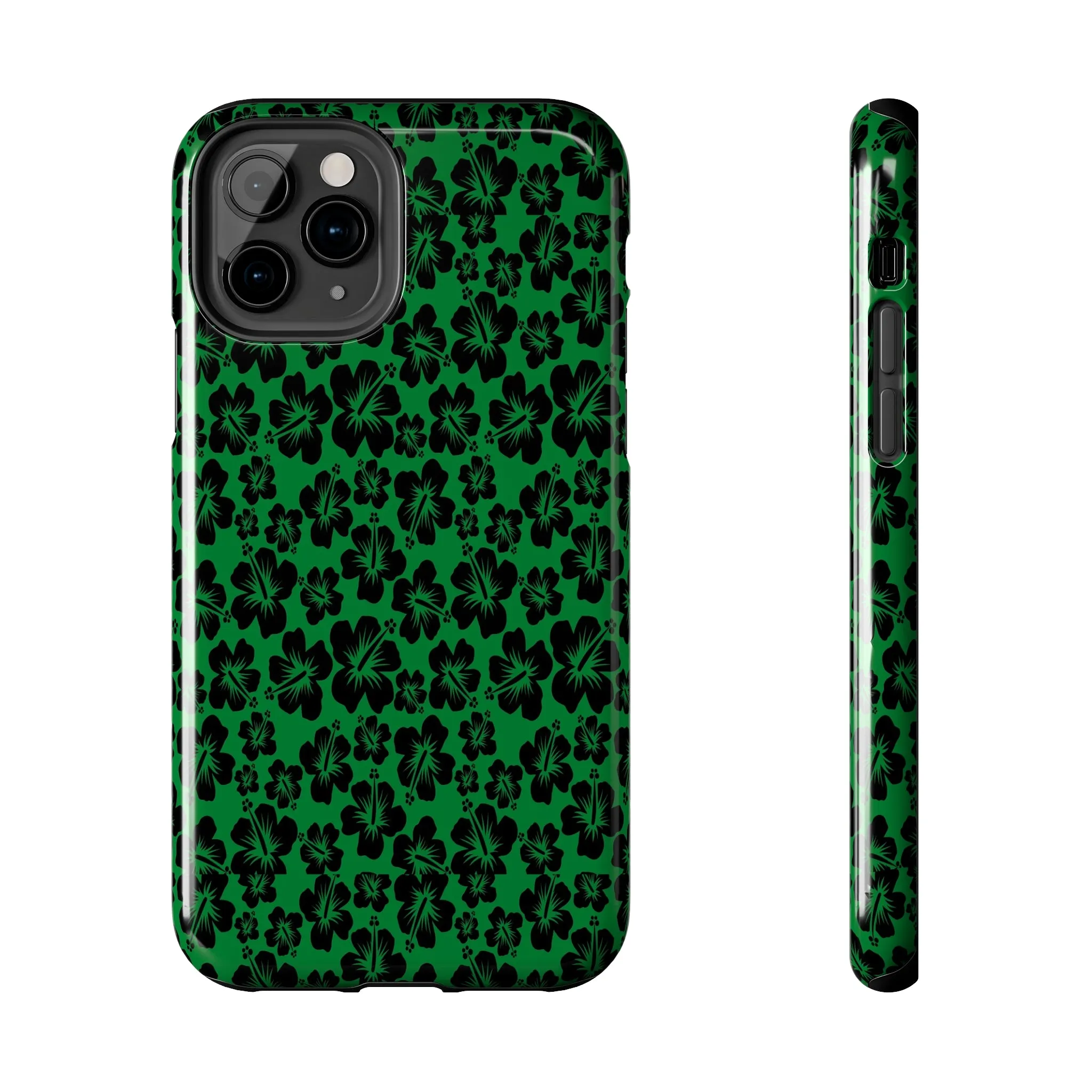 Black Hibiscus on Green iPhone Tough Phone Cases