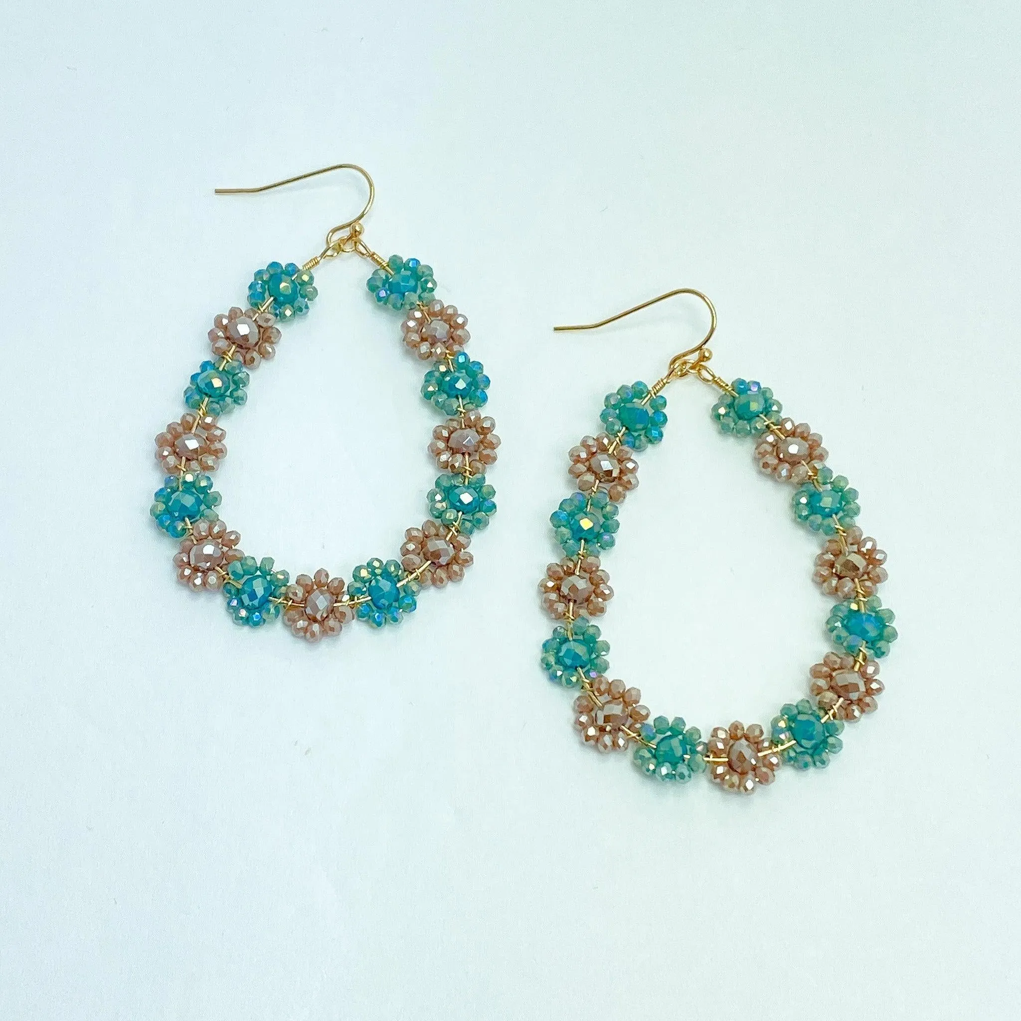 Blue & Taupe Beaded Flower Earrings