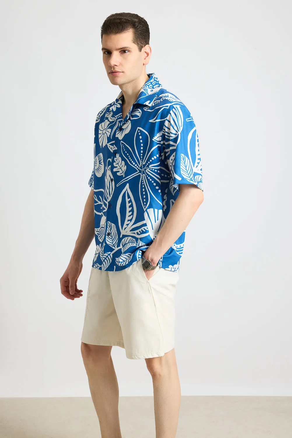 Blue Flower Print Men's Resort Shirt