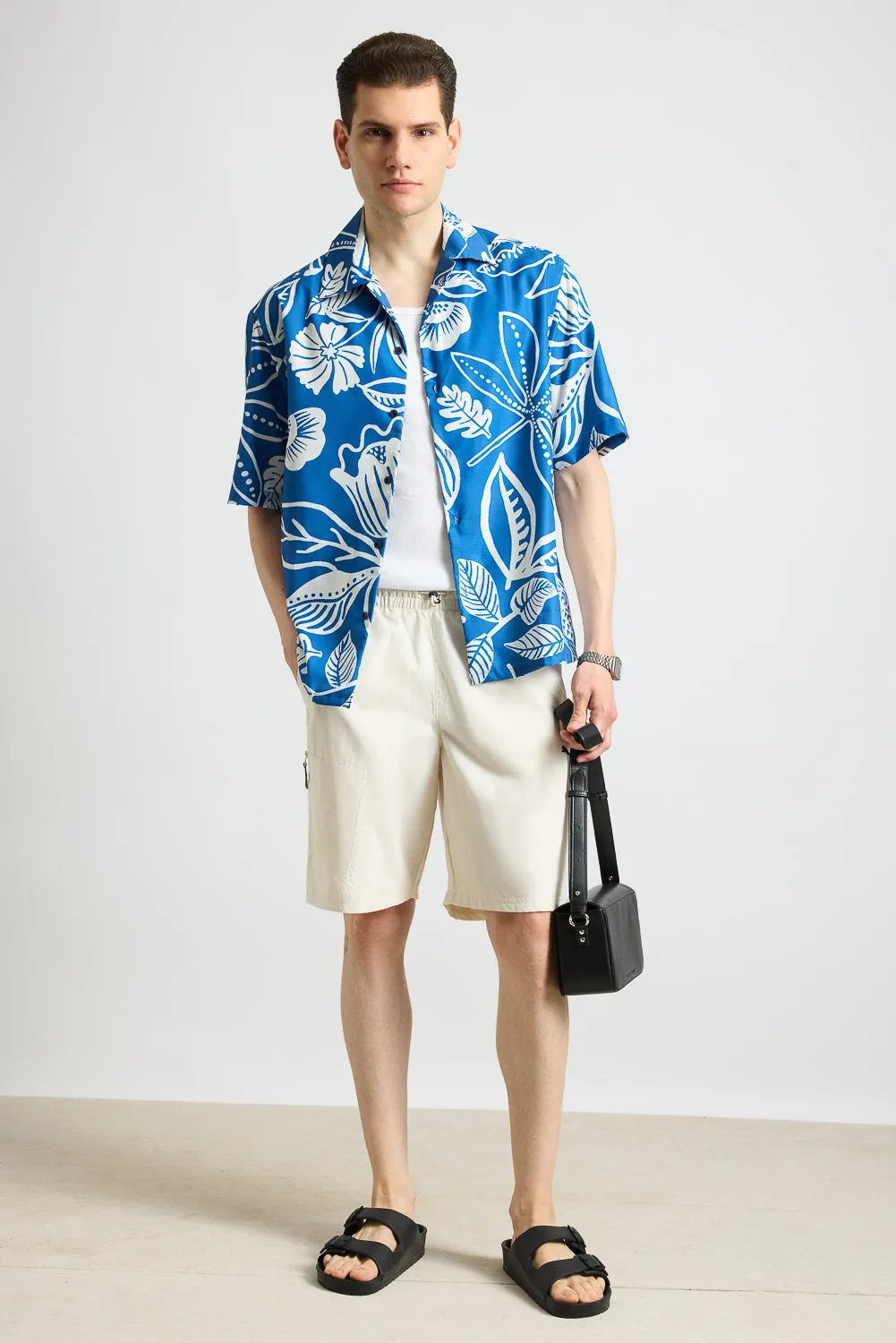 Blue Flower Print Men's Resort Shirt