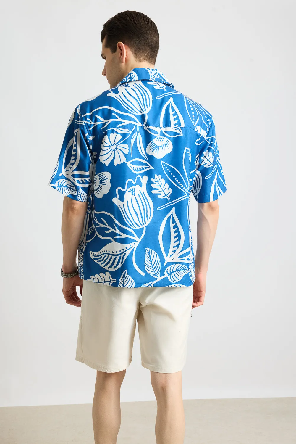 Blue Flower Print Men's Resort Shirt