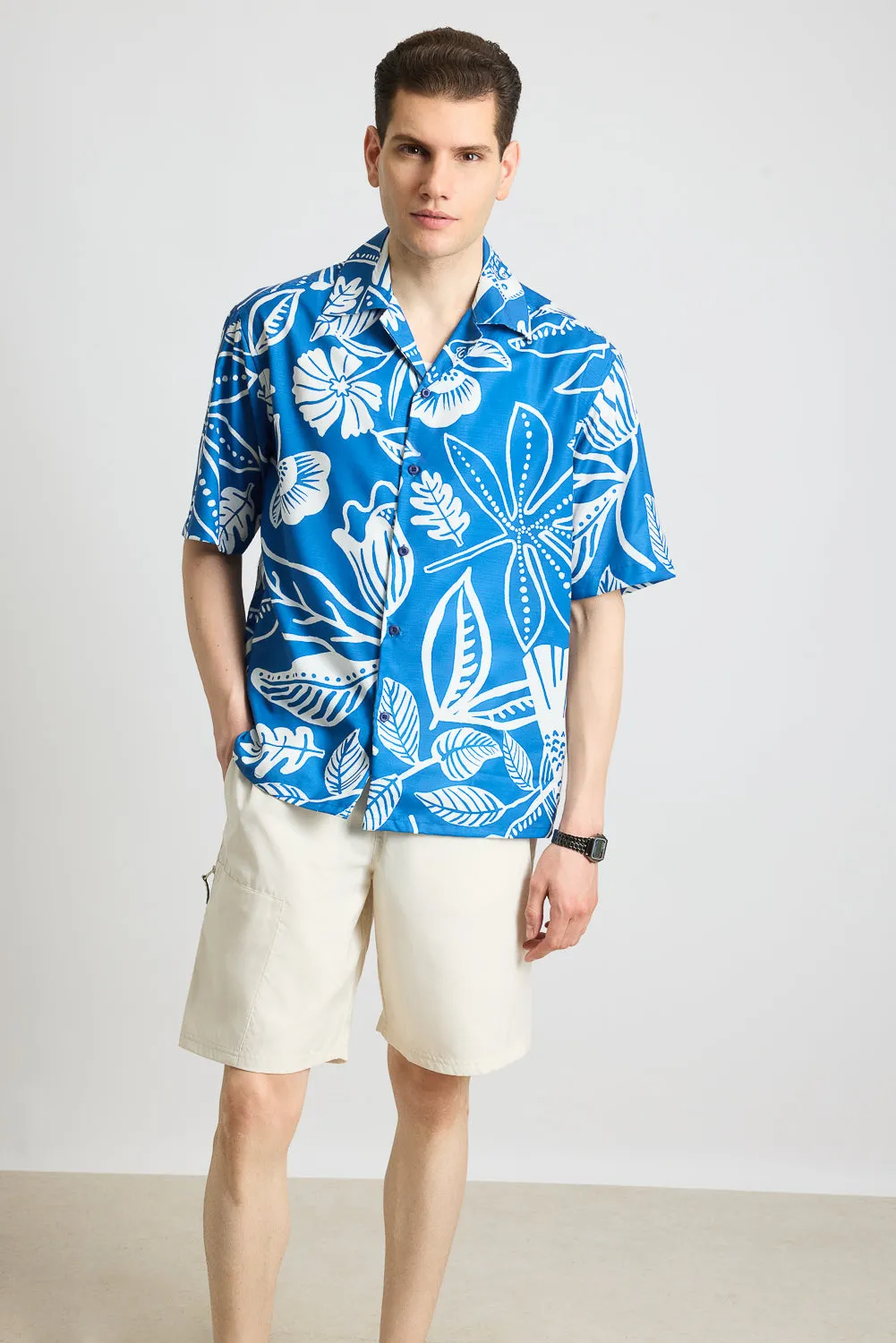 Blue Flower Print Men's Resort Shirt