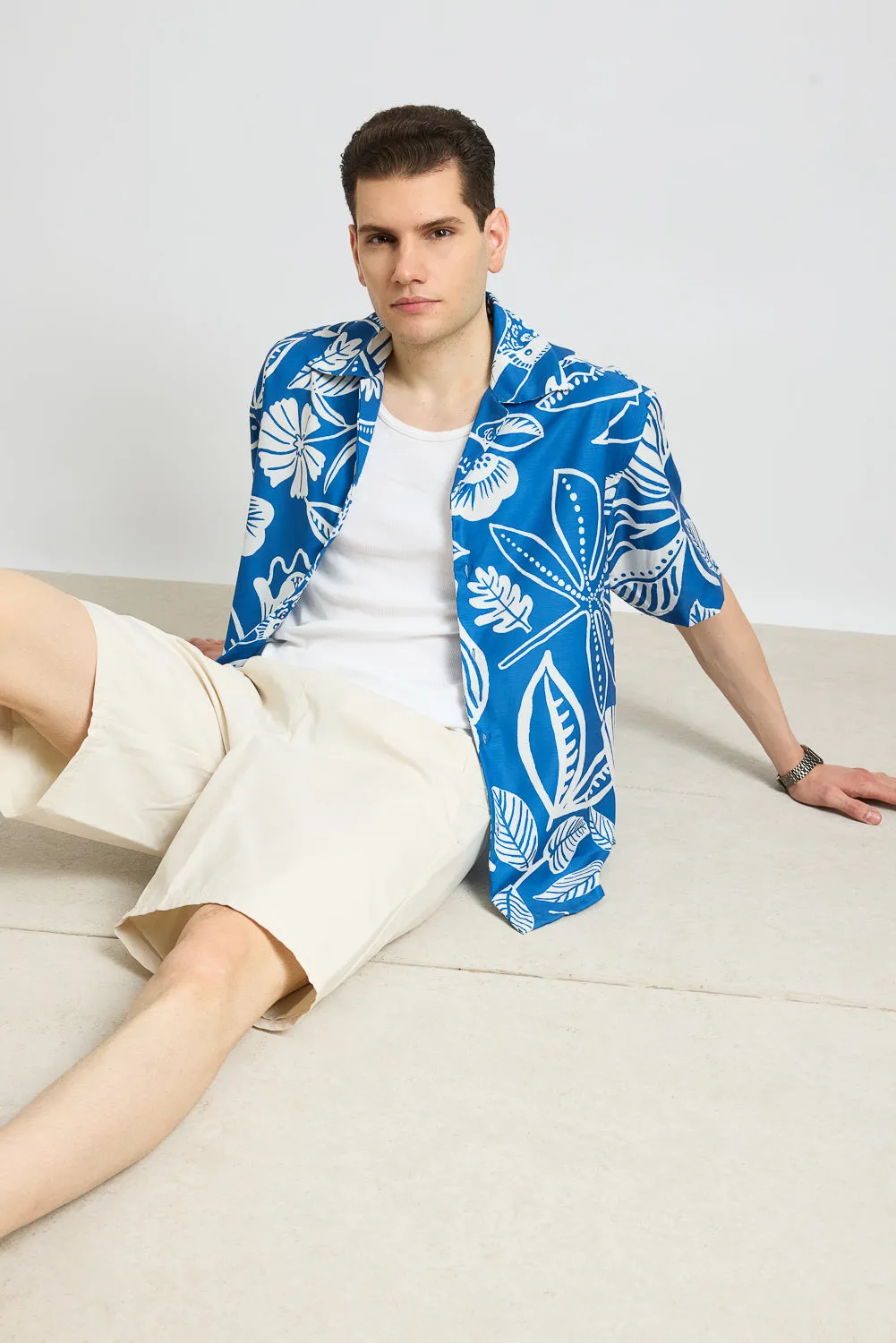 Blue Flower Print Men's Resort Shirt