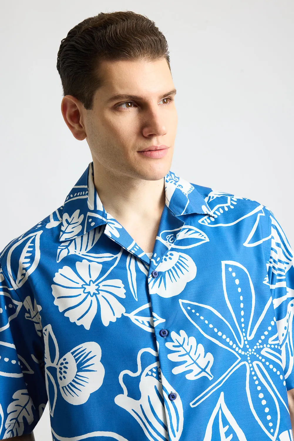 Blue Flower Print Men's Resort Shirt