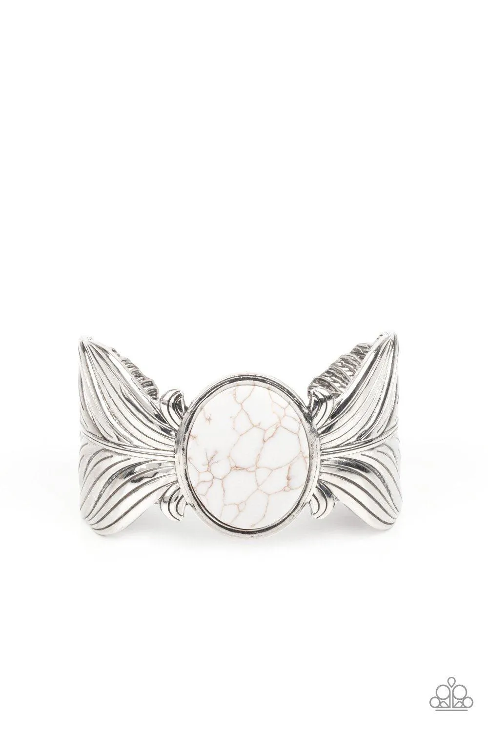 Born to Soar White Stone and Silver Feather Cuff Bracelet - Paparazzi Accessories