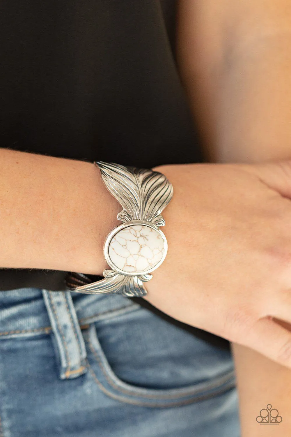 Born to Soar White Stone and Silver Feather Cuff Bracelet - Paparazzi Accessories