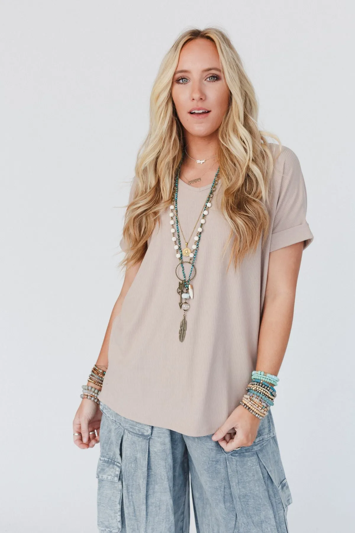 Classic V Neck Top - Sand