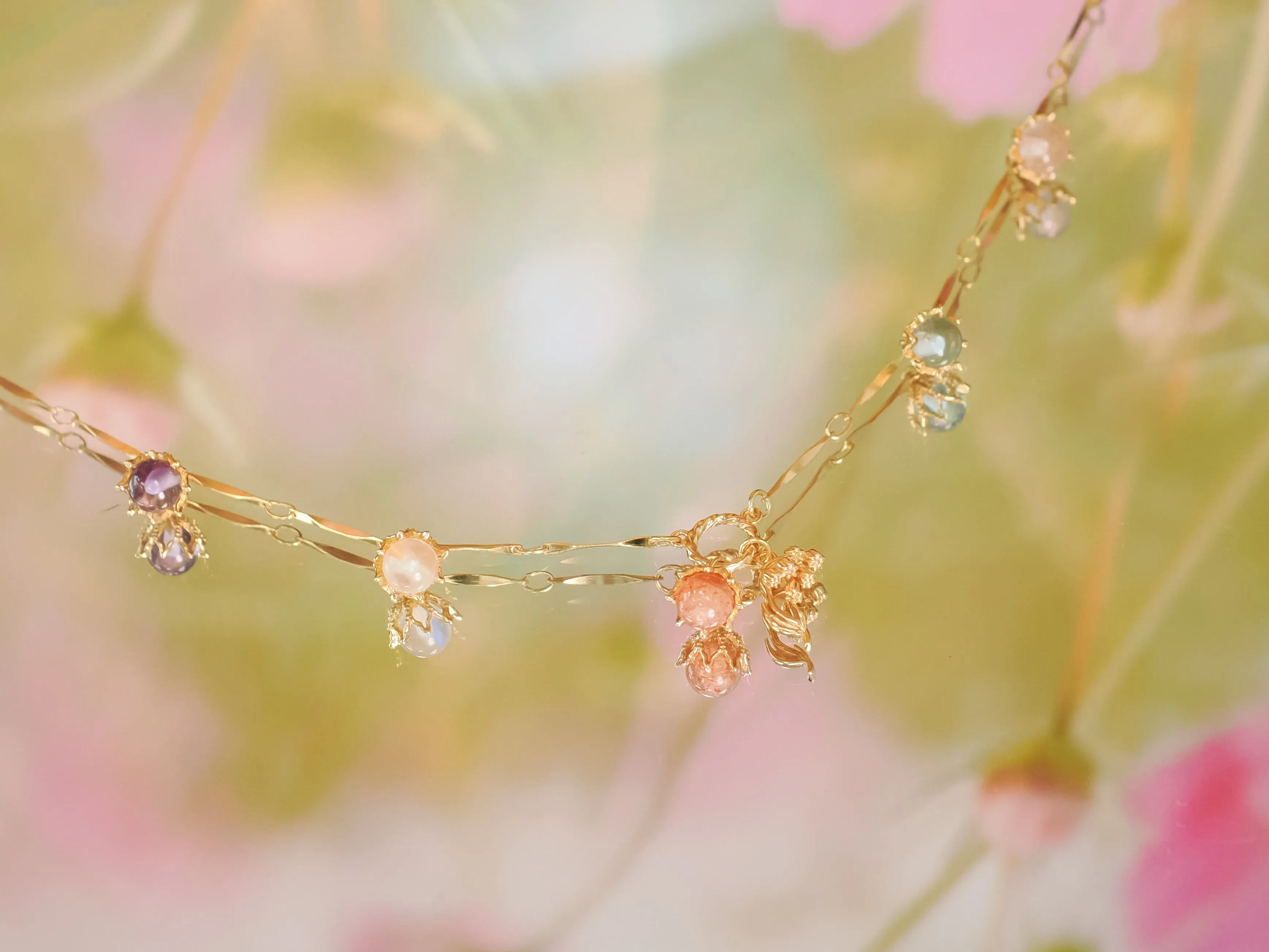 (Coming on 1/5) Moonstone, Sunstone, Amethyst, Blue Topaz, Rose Quartz Gold Dangle Choker - Lily of the Valley