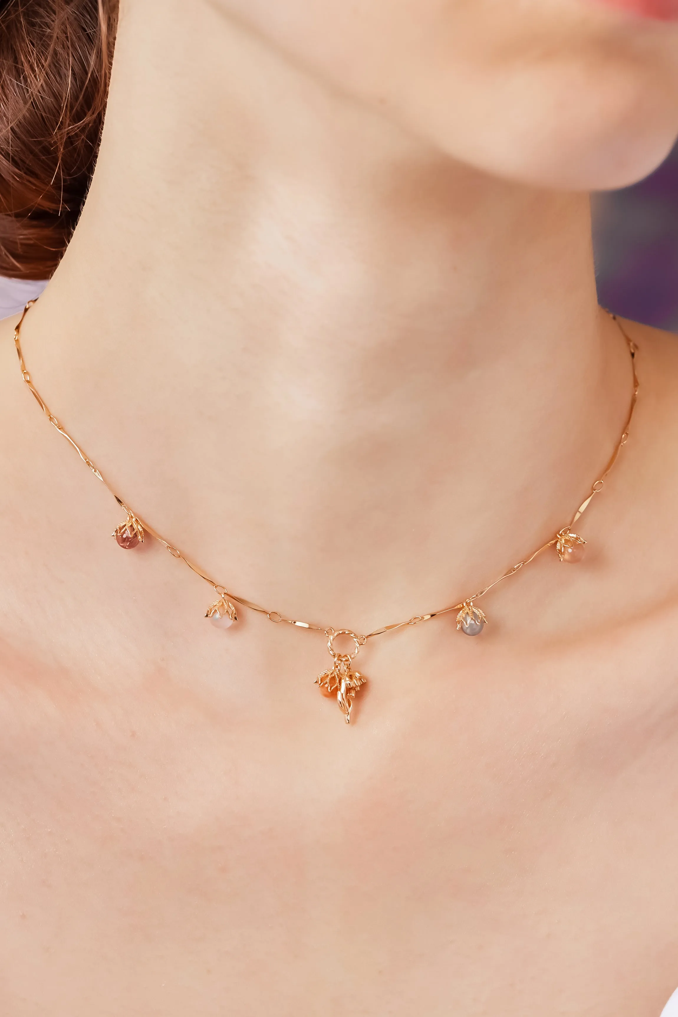 (Coming on 1/5) Moonstone, Sunstone, Amethyst, Blue Topaz, Rose Quartz Gold Dangle Choker - Lily of the Valley