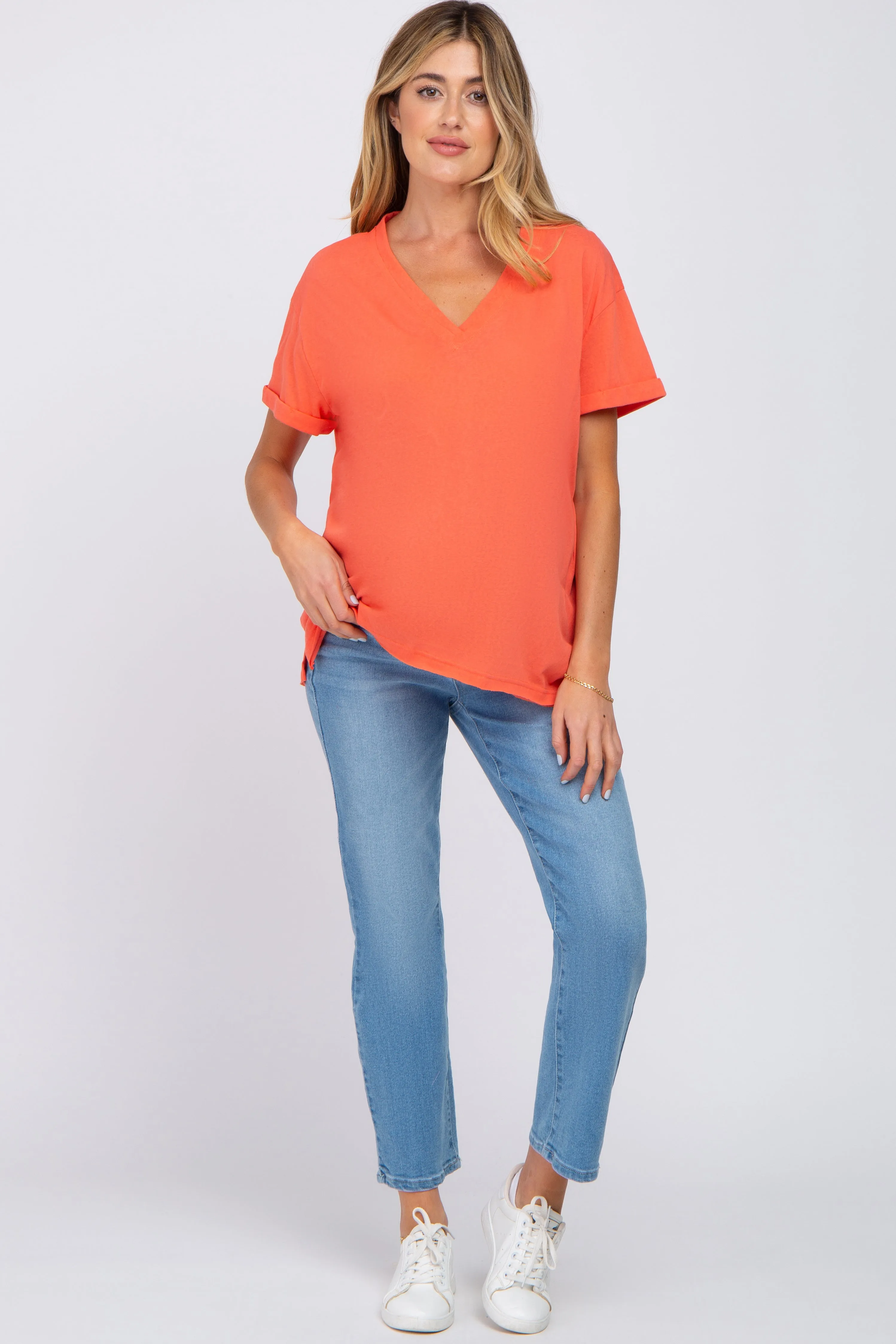 Coral Basic Rolled Short Sleeve Maternity Top