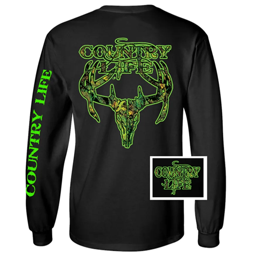 Country Life Outfitters Black & Green Camo Realtree Deer Skull Head Hunt Vintage Unisex Long Sleeve Bright T Shirt