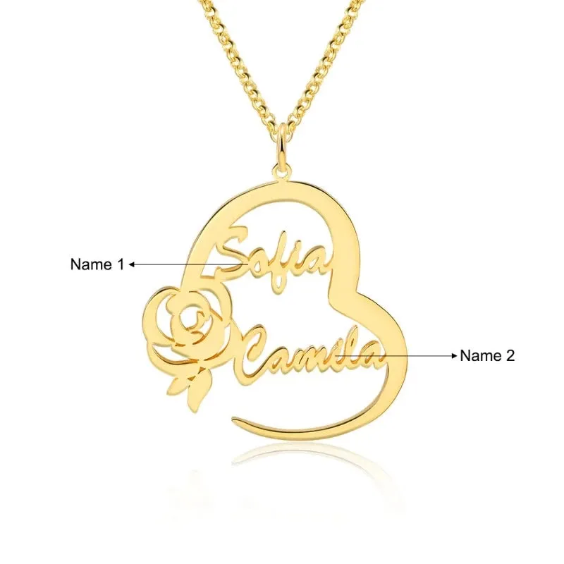 Custom Rose Flower 2 Names Necklace