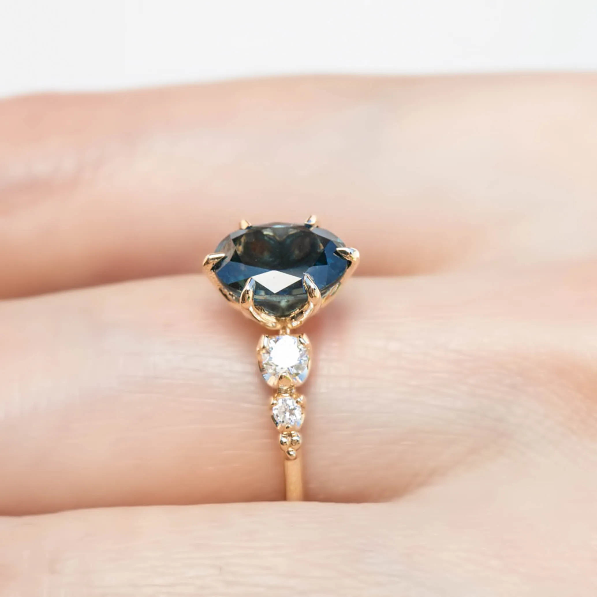 Estel Fleur Ring 2.15ct Unheated Teal Blue Queensland Sapphire, 14K Yellow Gold (One of a kind)