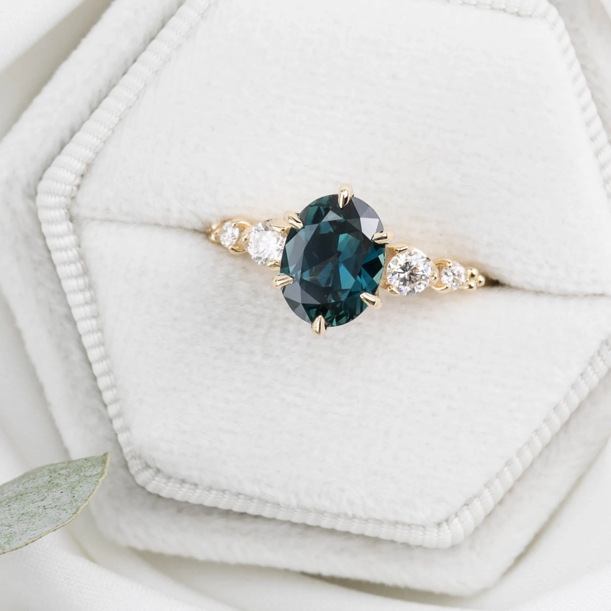 Estel Fleur Ring 2.15ct Unheated Teal Blue Queensland Sapphire, 14K Yellow Gold (One of a kind)