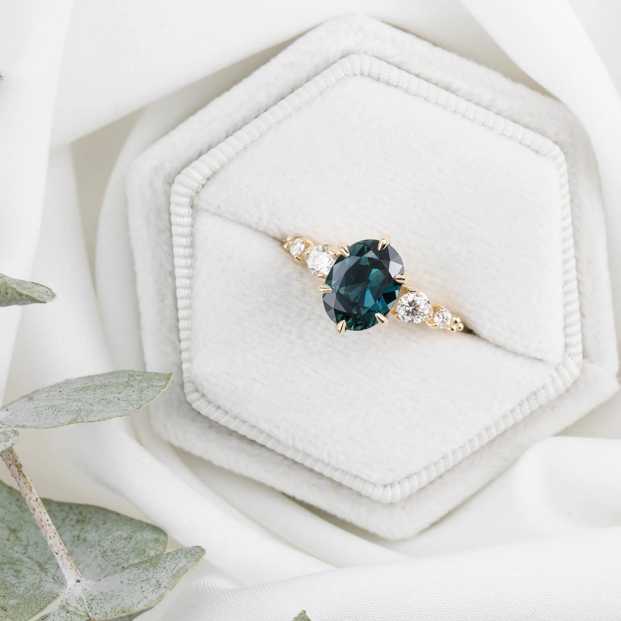 Estel Fleur Ring 2.15ct Unheated Teal Blue Queensland Sapphire, 14K Yellow Gold (One of a kind)