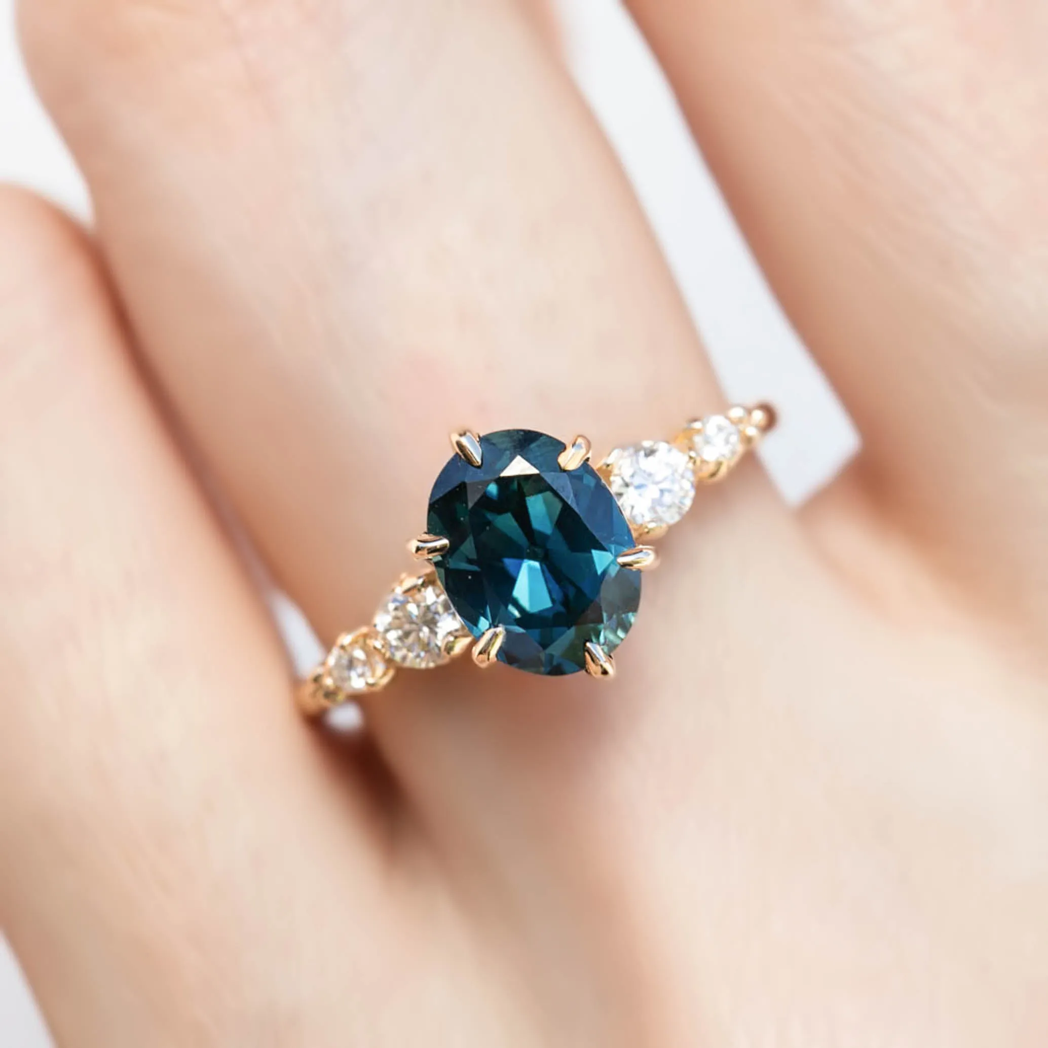 Estel Fleur Ring 2.15ct Unheated Teal Blue Queensland Sapphire, 14K Yellow Gold (One of a kind)