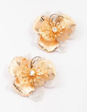 Gold Large Flower Statement Stud Earrings