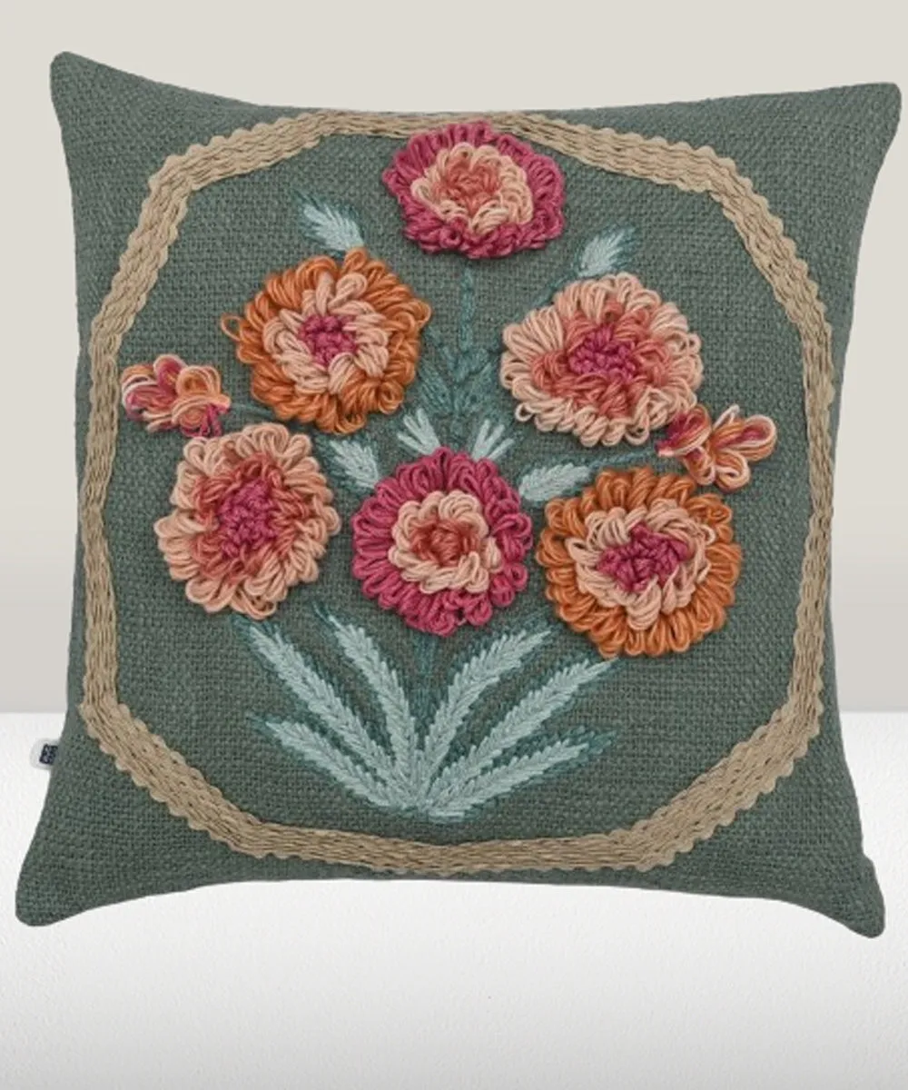 Green flower handembroidered cotton cushion cover