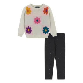 Infant Flower Checkerboard Sweater And Legging Set  | Navy