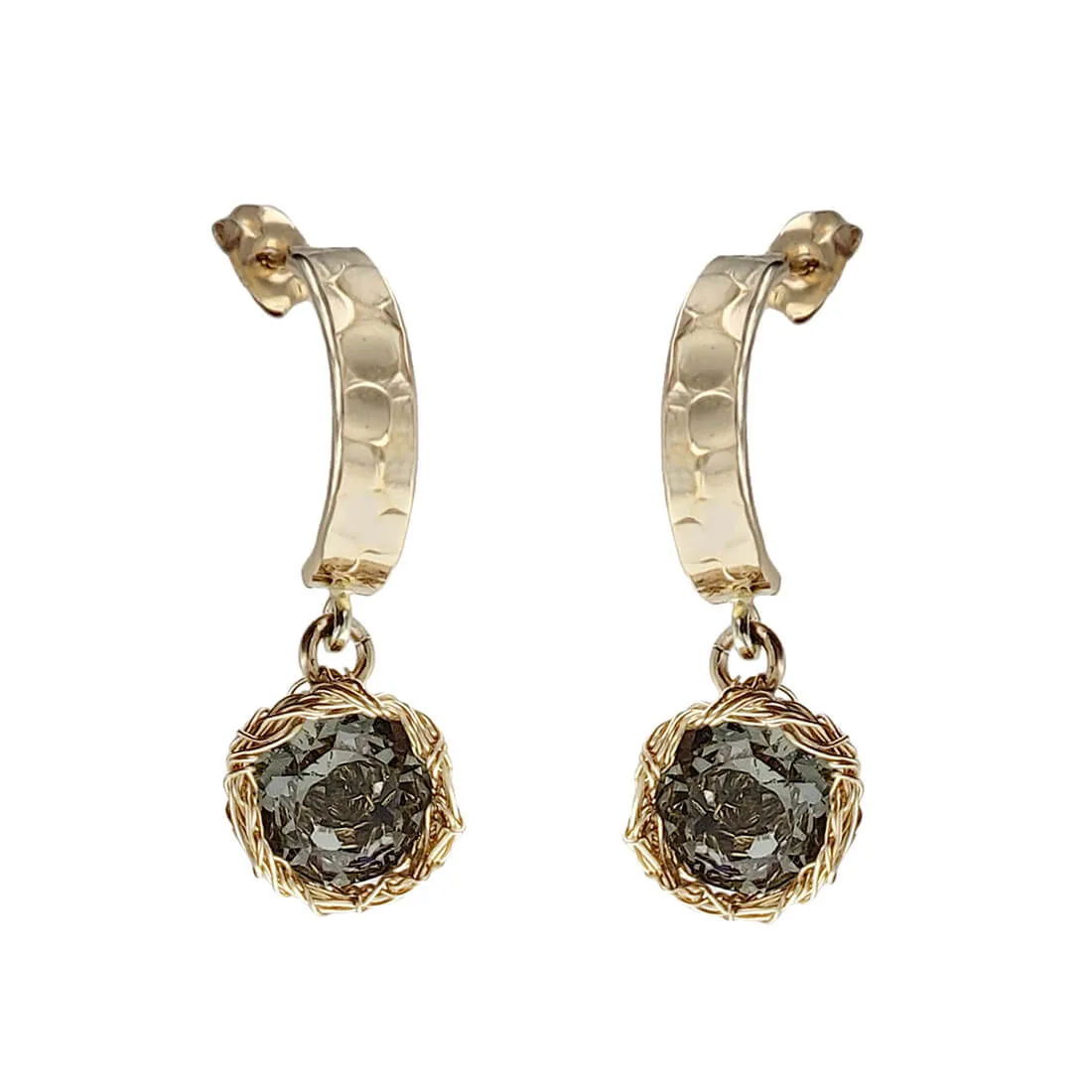 Israeli Smadar Sarid Half Hoop Black Diamond Crystals Post Earrings