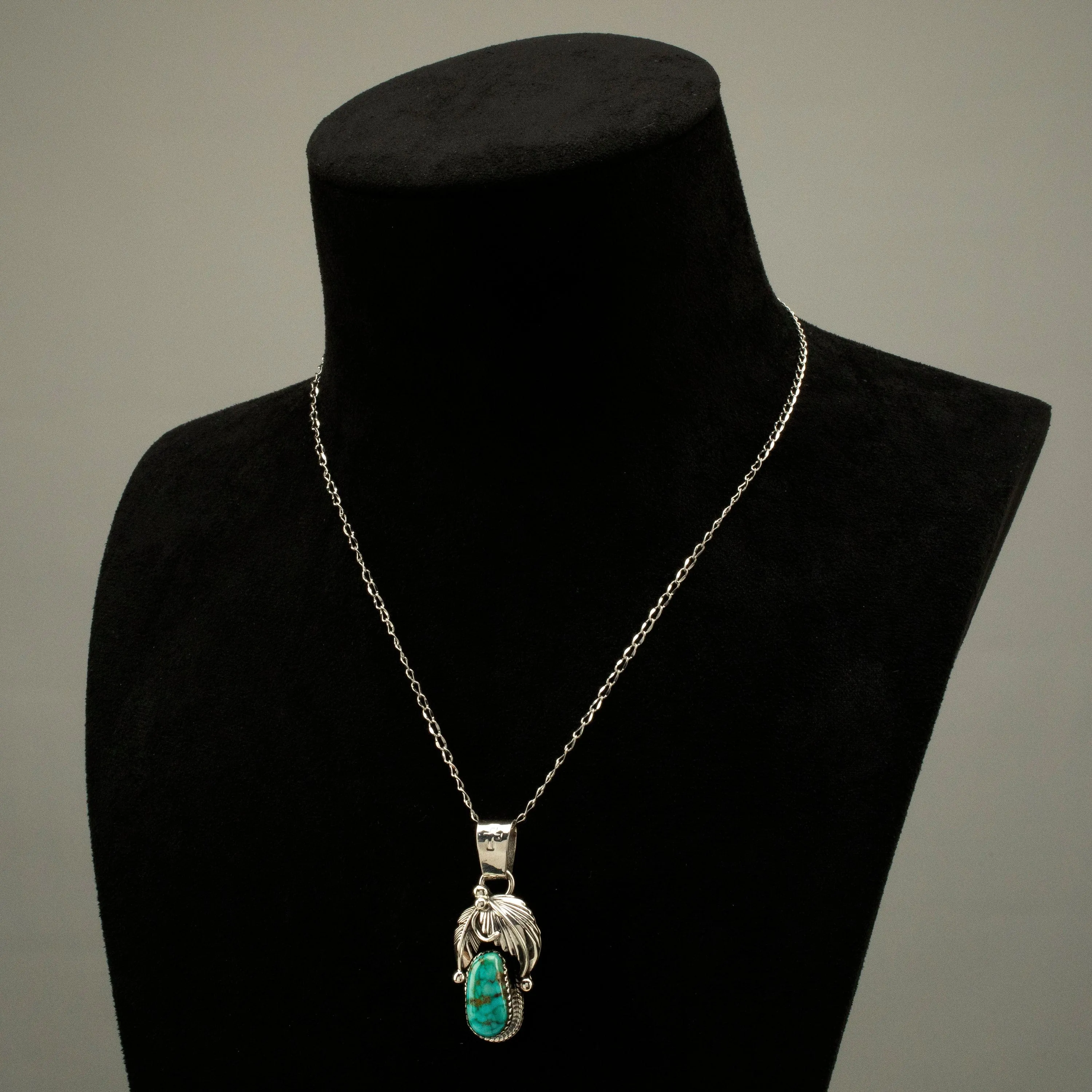 Joe Piaso Jr. Navajo King Manassa Turquoise & Feathers USA Native American Made 925 Sterling Silver Pendant