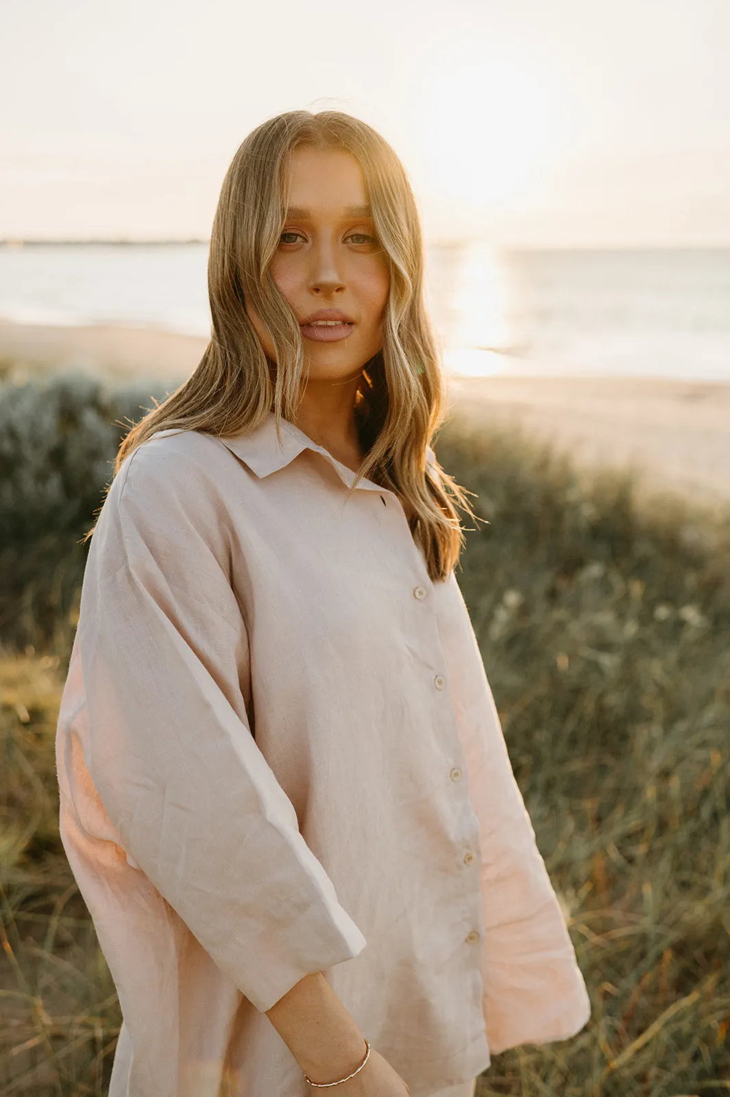 Margot Oversized Linen Shirt Dress in Dust Storm