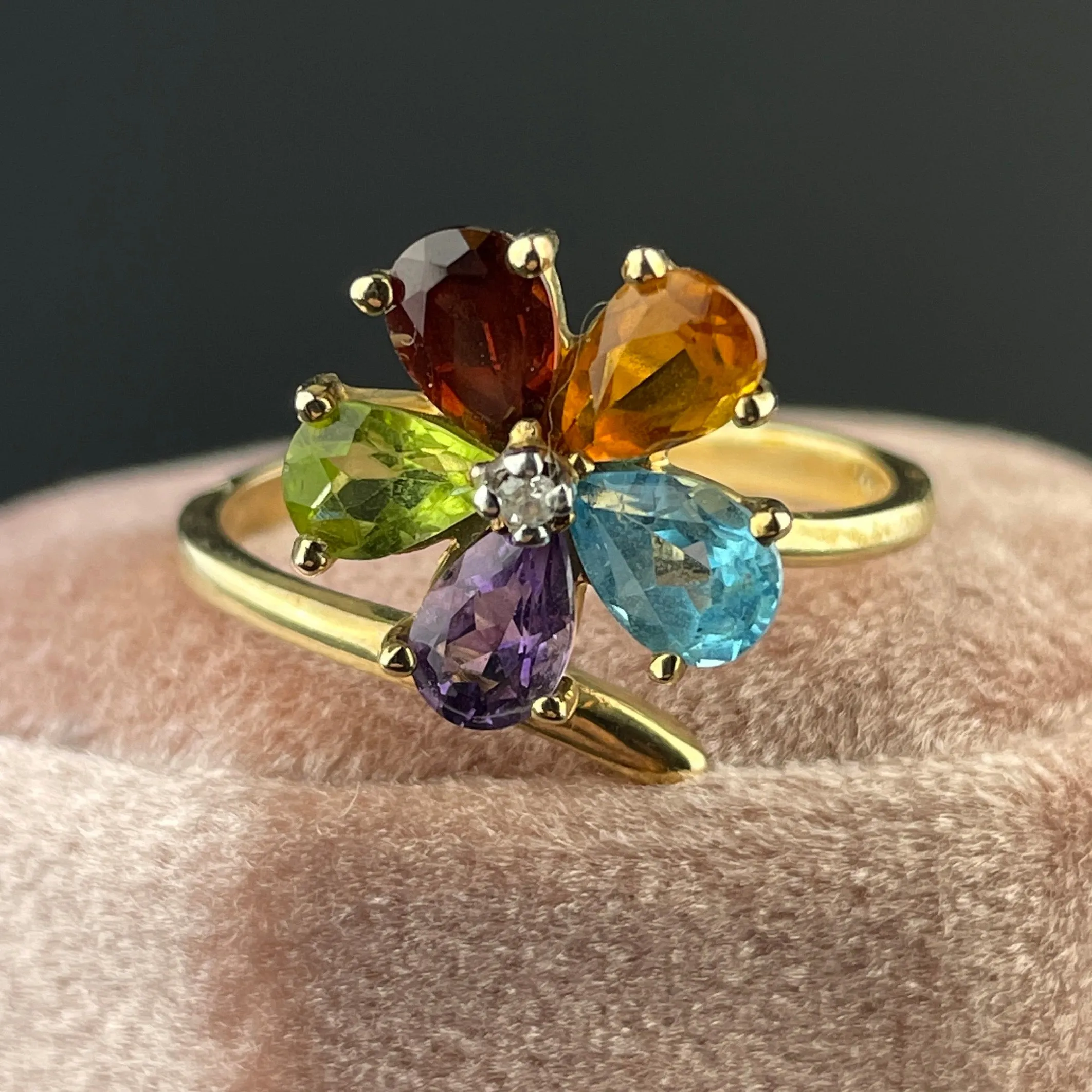 Multi Gemstone 10K Gold Harlequin Flower Ring, Sz 8 3/4