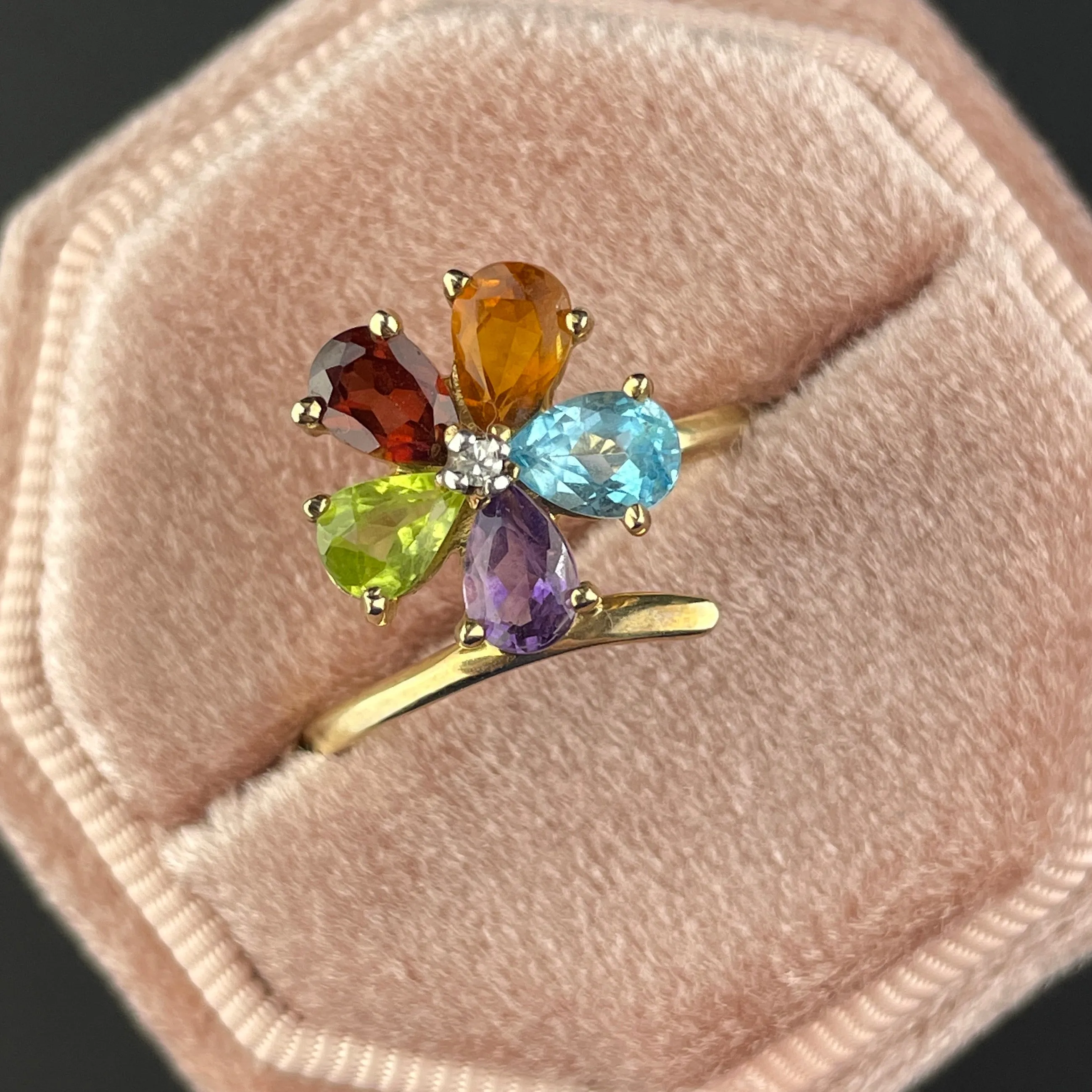 Multi Gemstone 10K Gold Harlequin Flower Ring, Sz 8 3/4