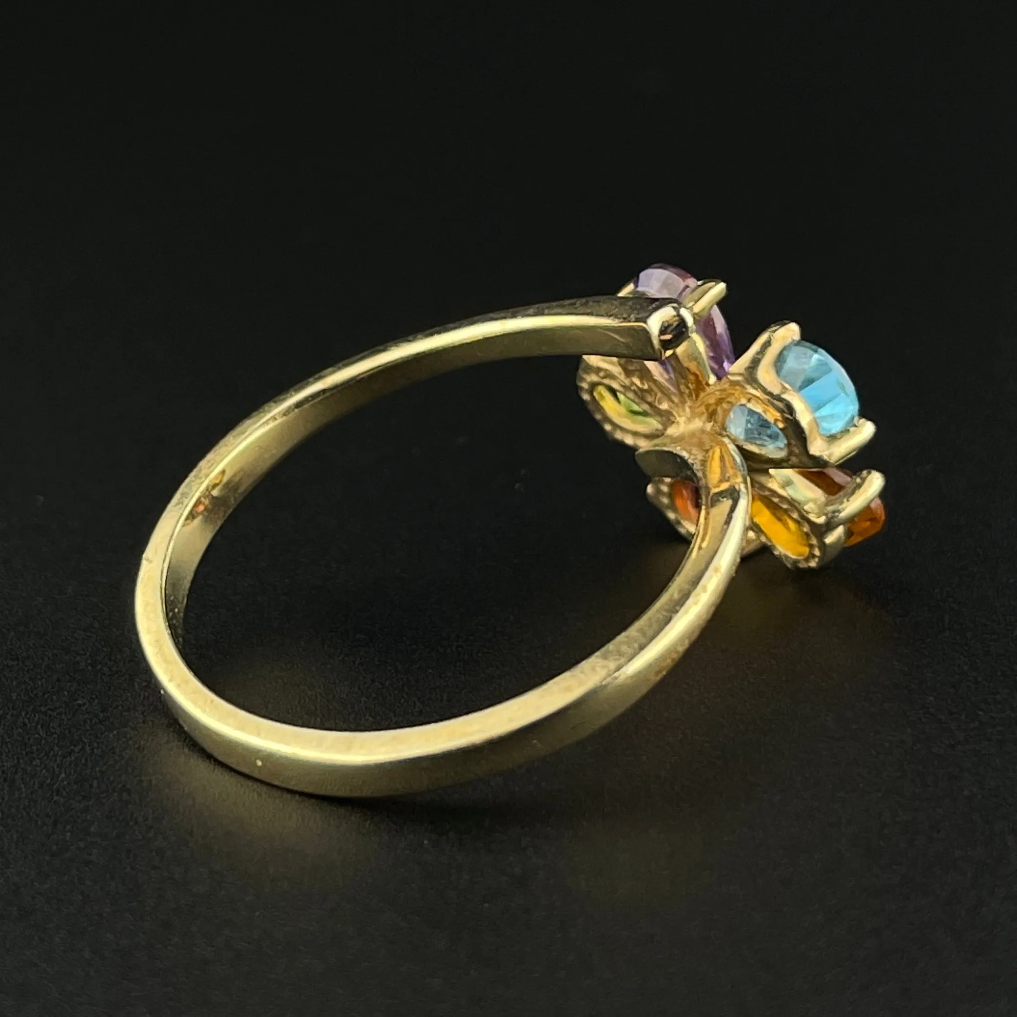 Multi Gemstone 10K Gold Harlequin Flower Ring, Sz 8 3/4