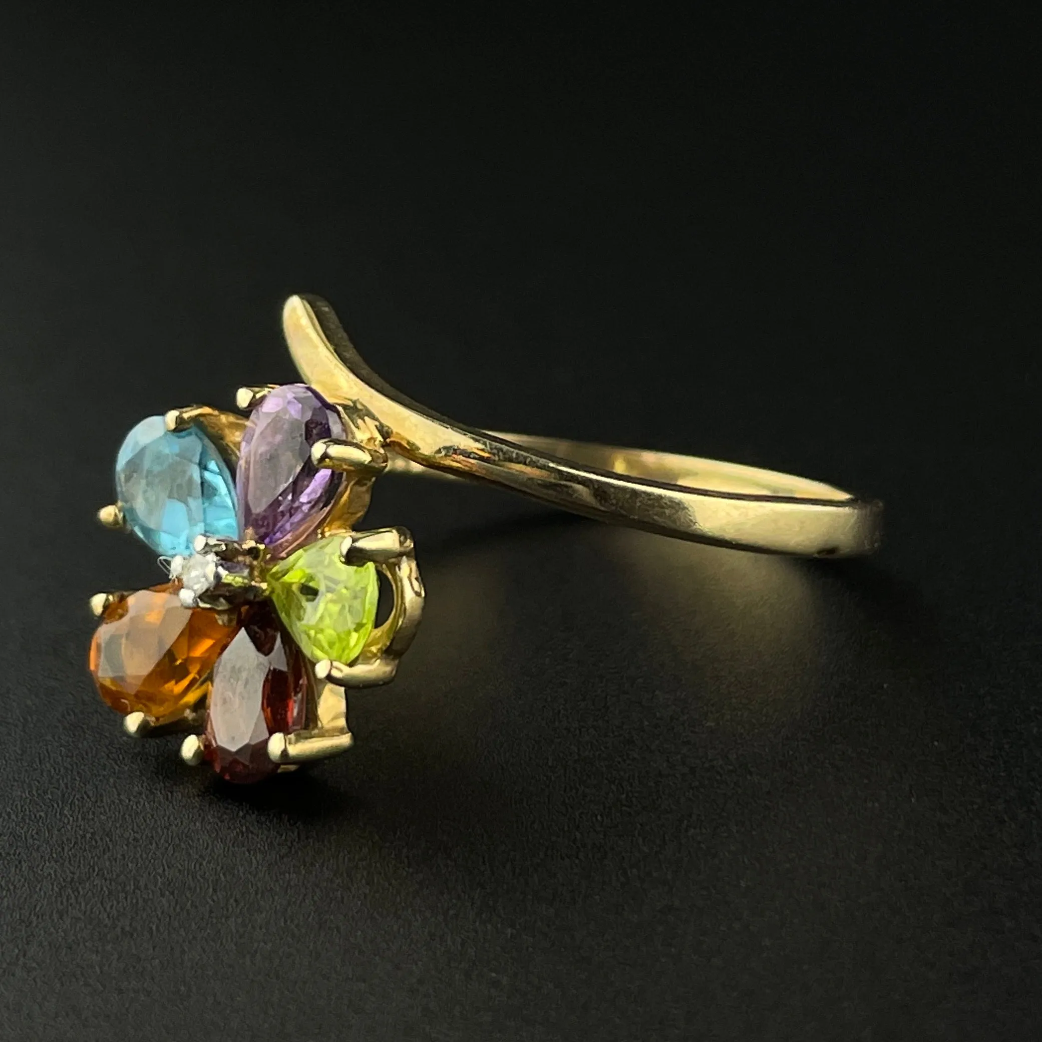 Multi Gemstone 10K Gold Harlequin Flower Ring, Sz 8 3/4