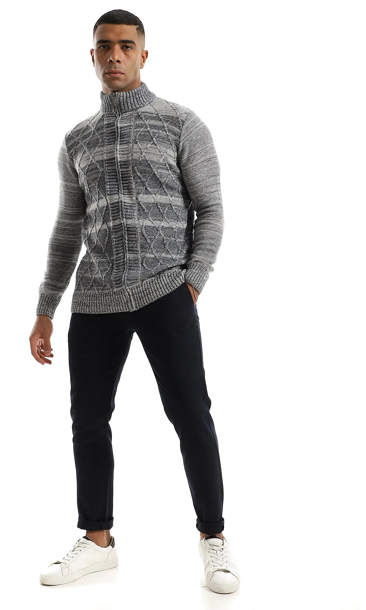 O158765 Casual Zip Through Neck Heather Grey & Petroleum Sweater