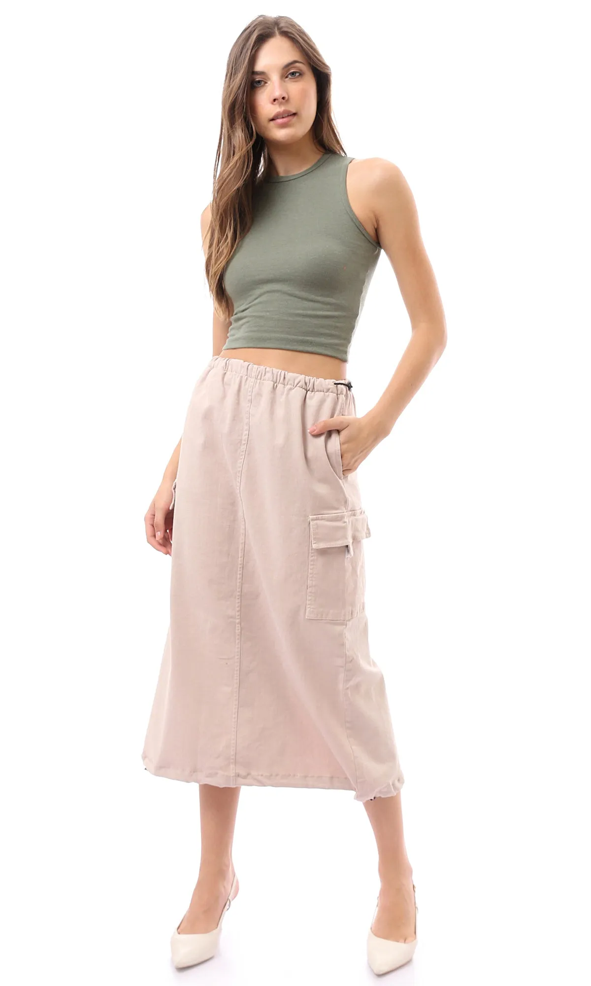 O168062 Adjustable Elastic Waist Beige Midi Skirt