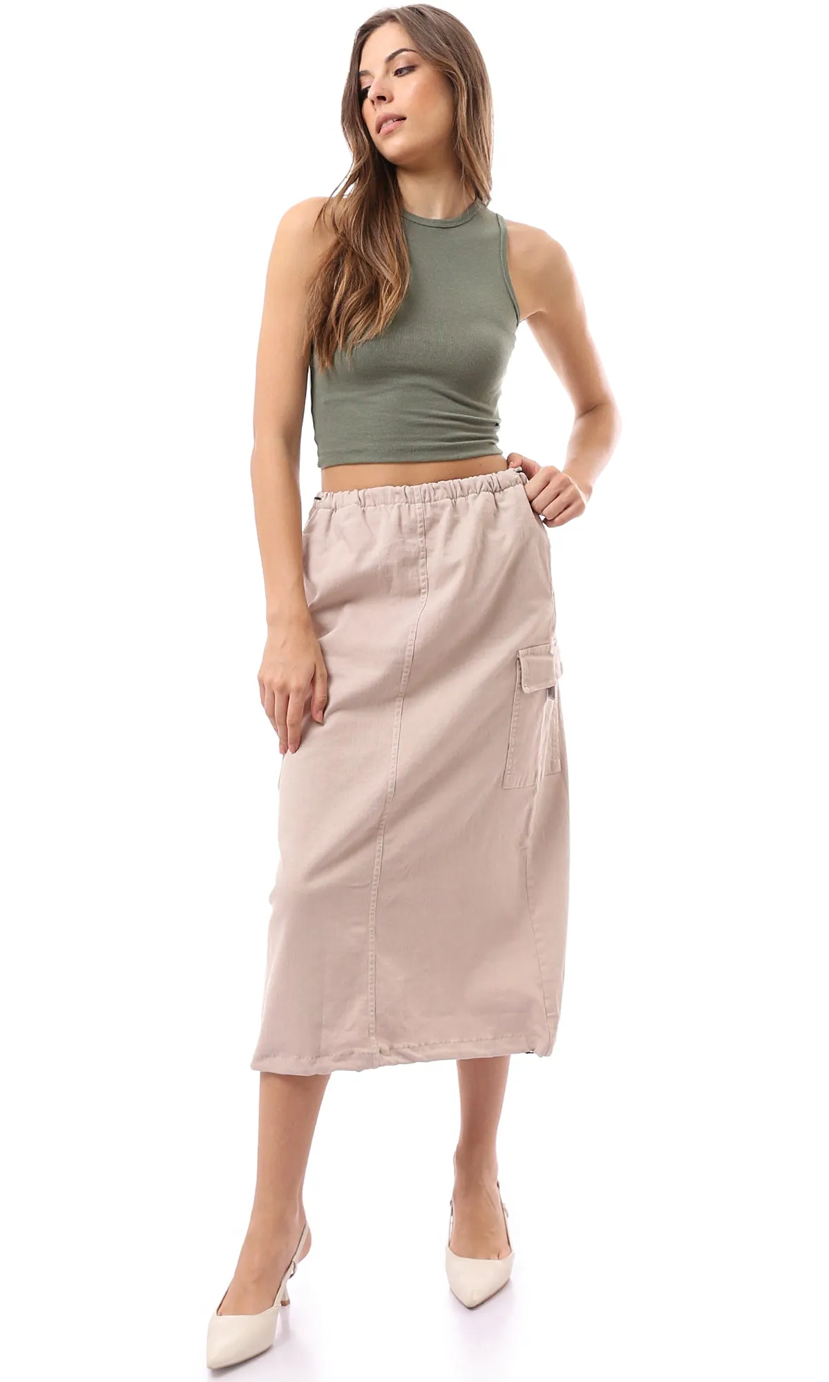 O168062 Adjustable Elastic Waist Beige Midi Skirt