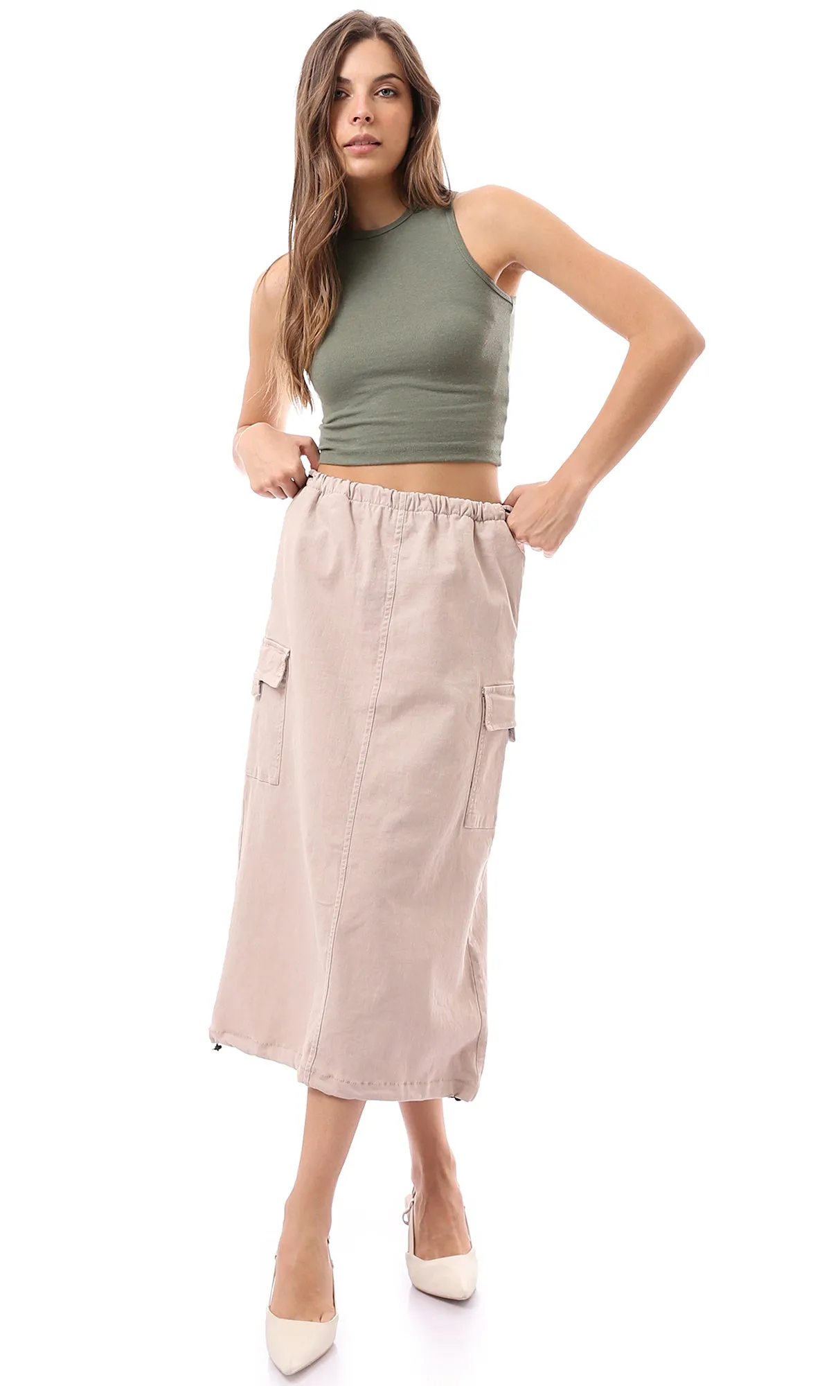 O168062 Adjustable Elastic Waist Beige Midi Skirt