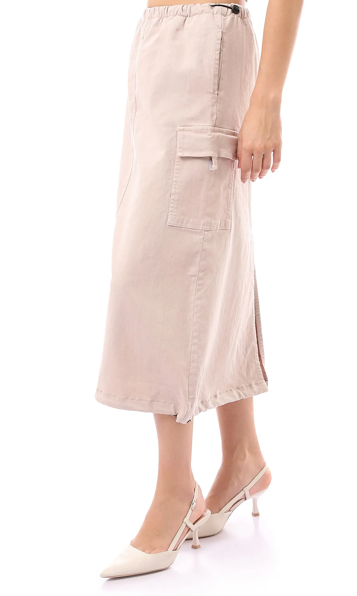 O168062 Adjustable Elastic Waist Beige Midi Skirt