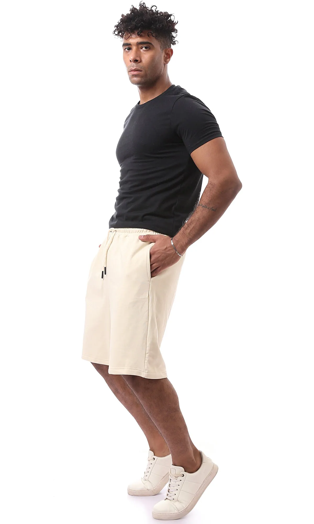 O172958 Cotton Beige Slip On Comfy Shorts