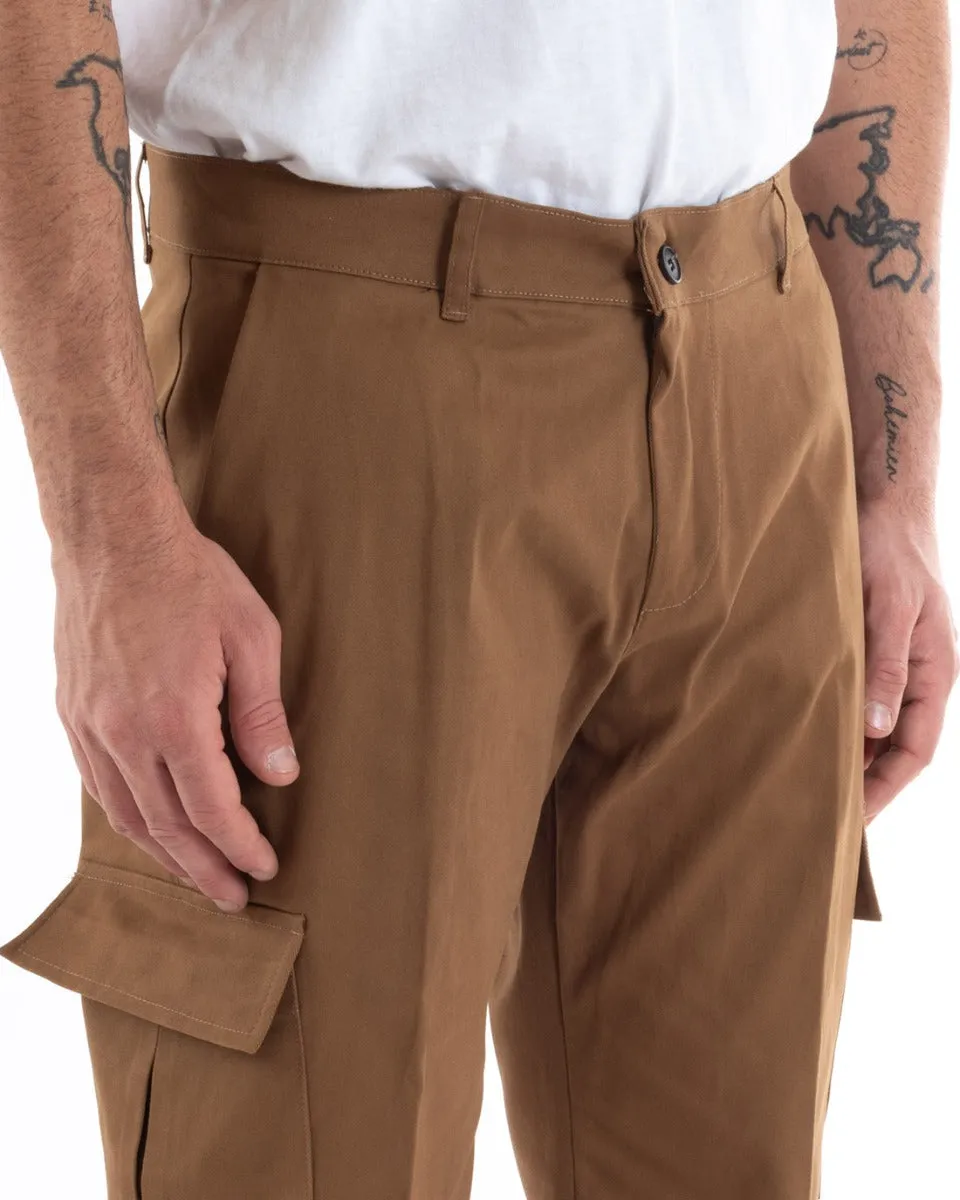 Pantaloni Uomo Cargo Cotone Tasconi Basic Tinta Unita Camel Casual GIOSAL-P5567A