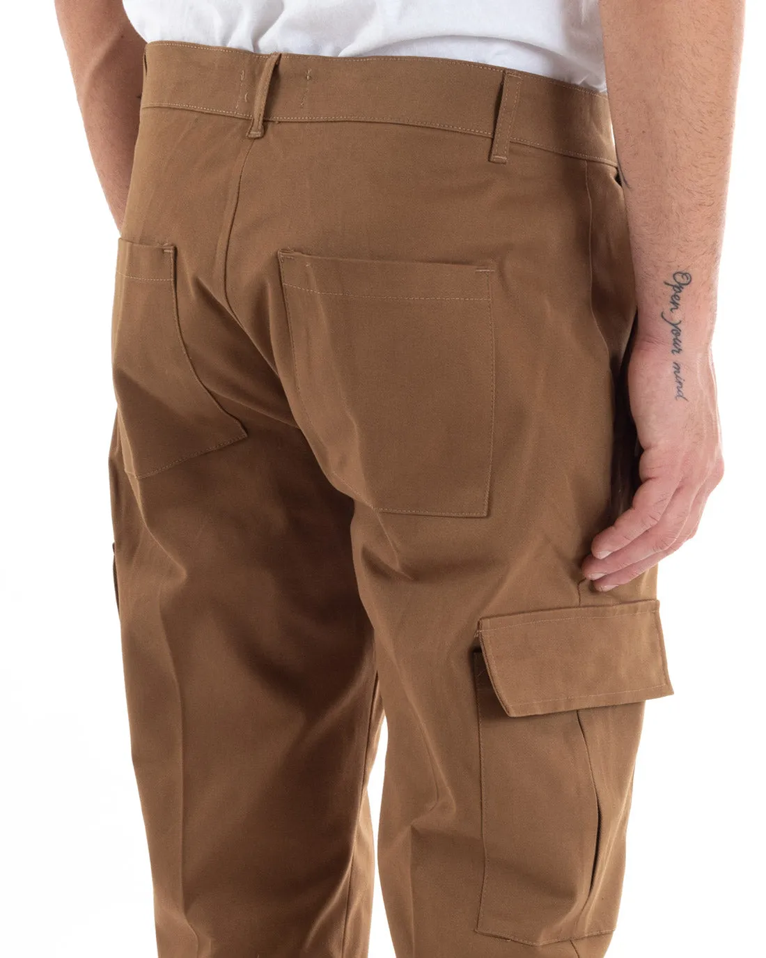 Pantaloni Uomo Cargo Cotone Tasconi Basic Tinta Unita Camel Casual GIOSAL-P5567A